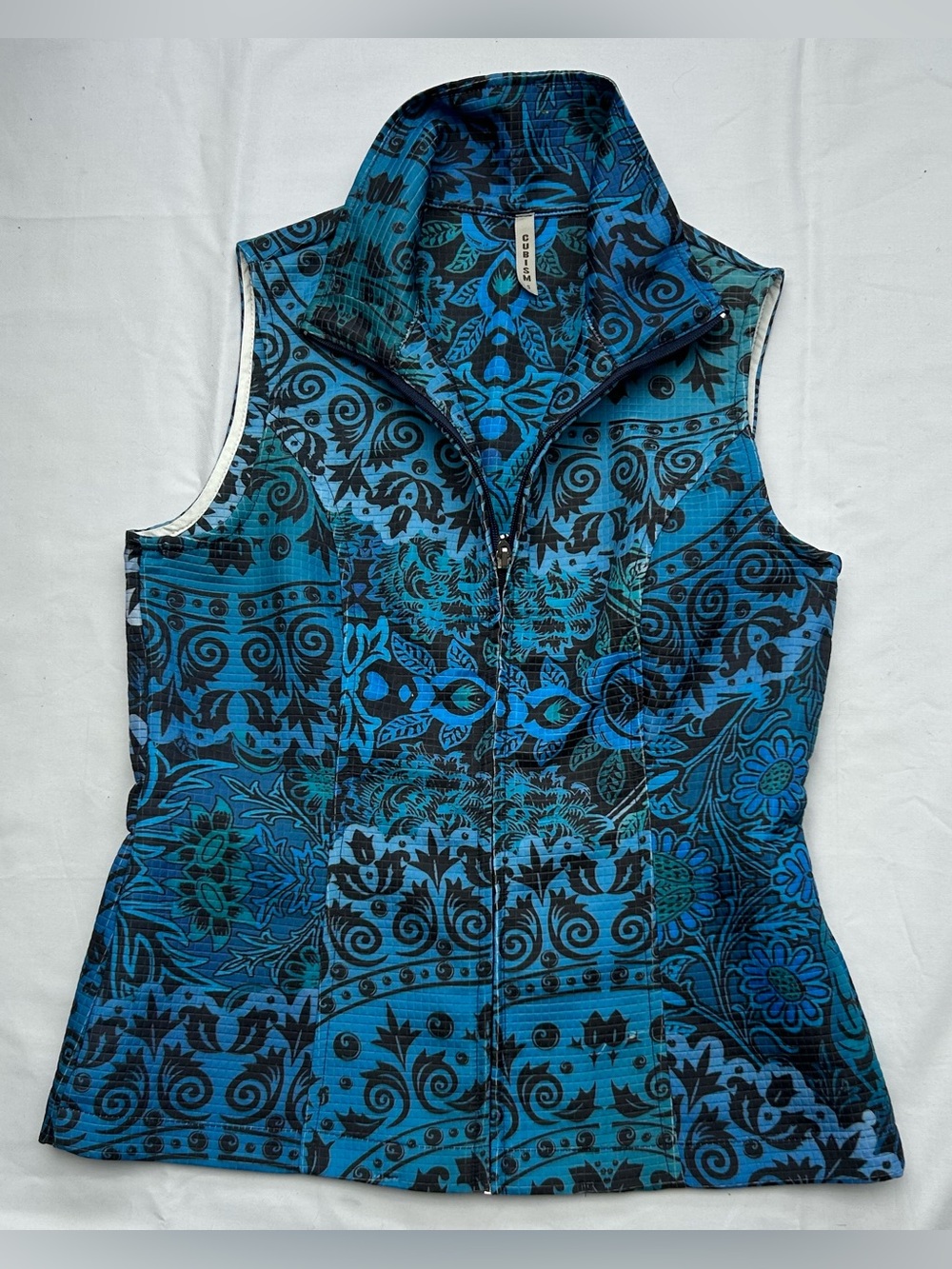 Blue Floral & Scroll Pattern Sleeveless Zip Vest